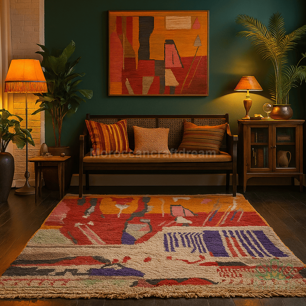 Living room with a colorful rug, sofa, and abstract painting on a green wall.