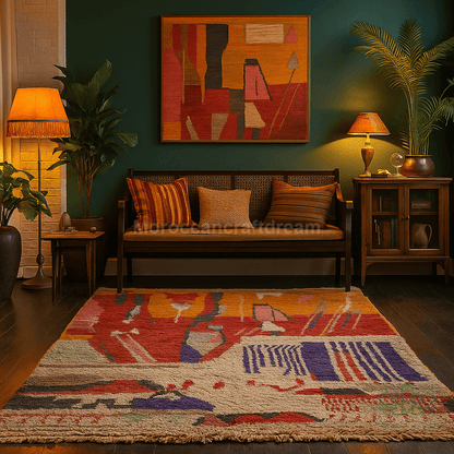 Living room with a colorful rug, sofa, and abstract painting on a green wall.