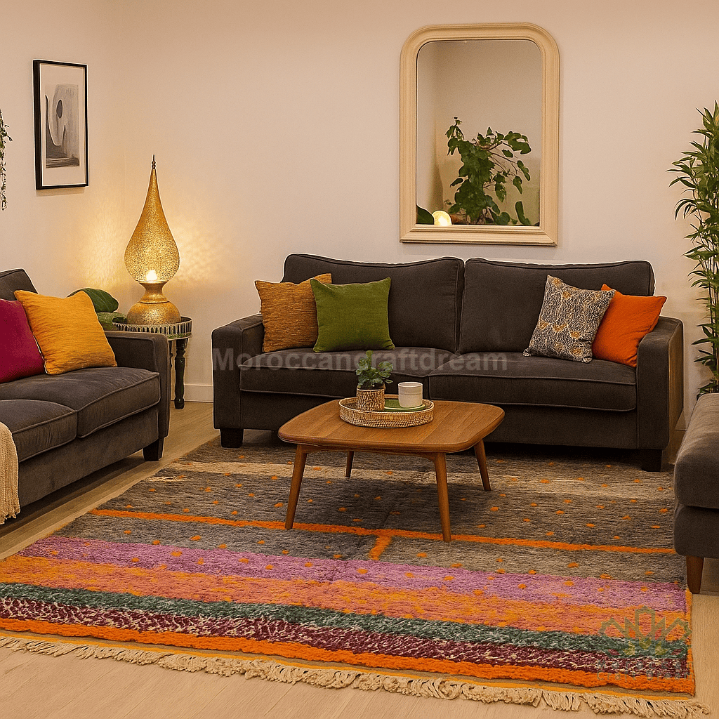 Living room with dark gray sofa, colorful rug, and decorative items.