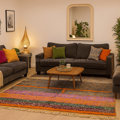 Living room with dark gray sofa, colorful rug, and decorative items.