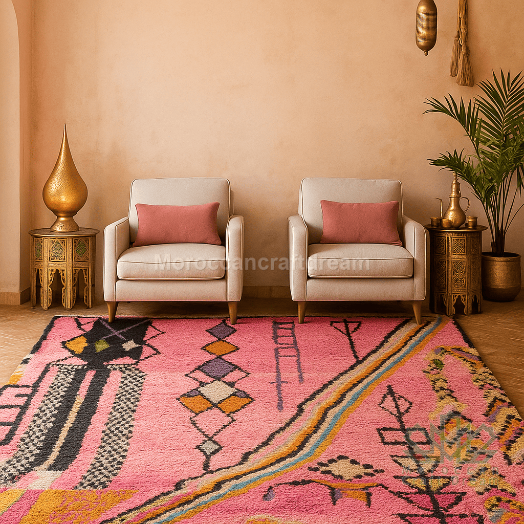 Two beige armchairs with pink cushions on a colorful pink rug in a room with gold decor elements.