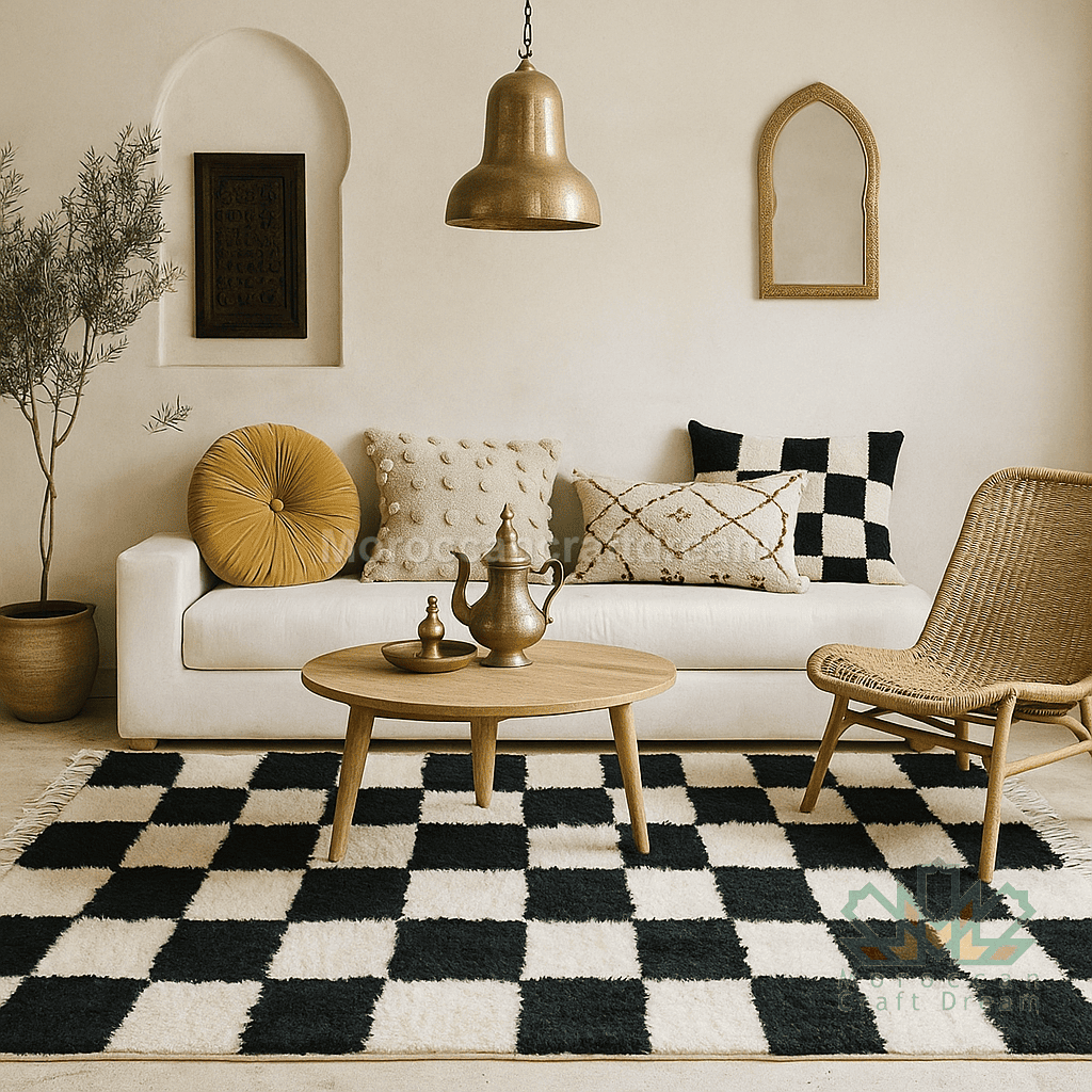Living room with a checkered rug, white sofa, and decorative items.