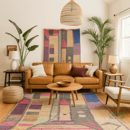 Living room with a brown leather sofa, wooden coffee table, and decorative rug.