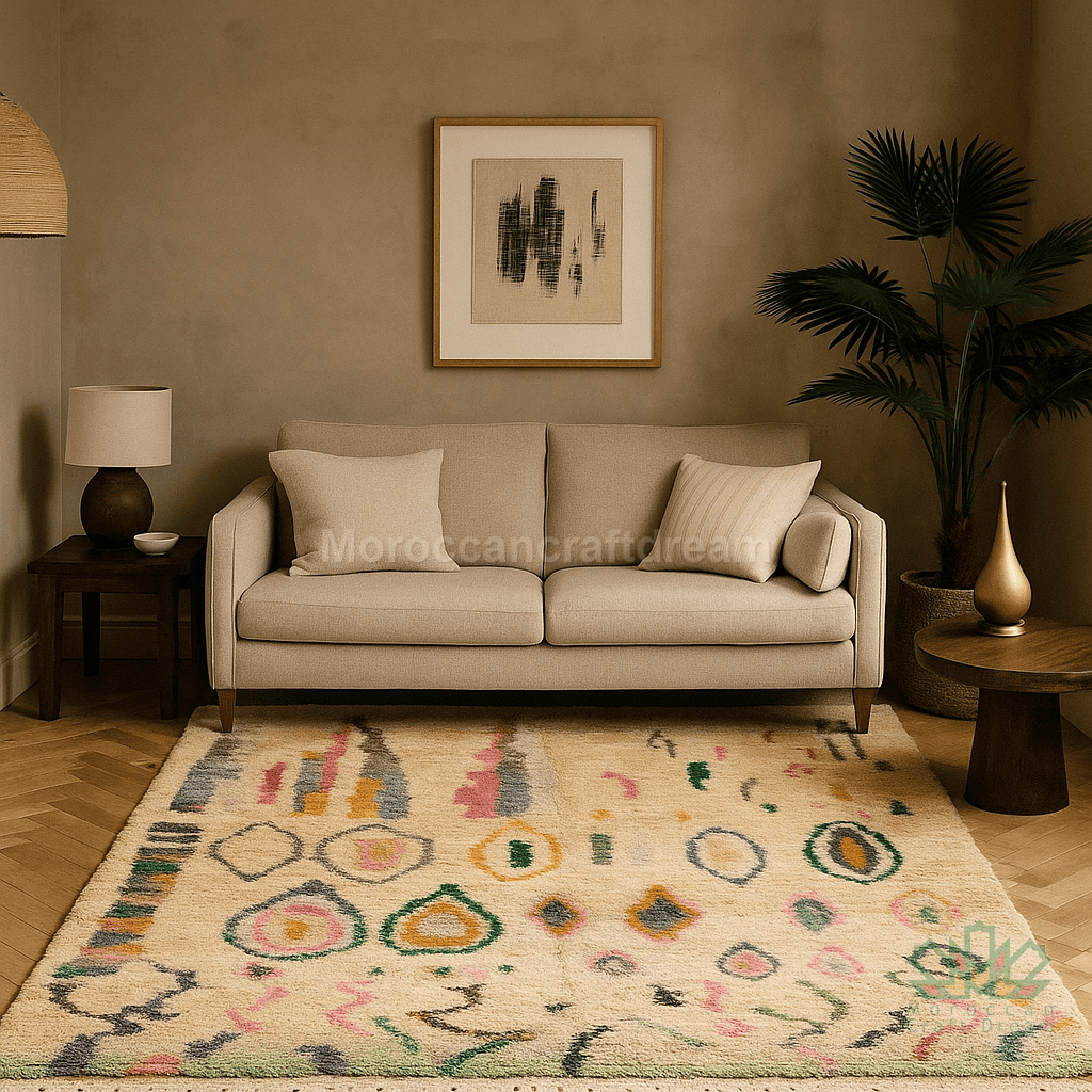 Beige sofa in a living room with a colorful rug, lamp, and plant.