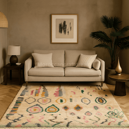 Beige sofa in a living room with a colorful rug, lamp, and plant.