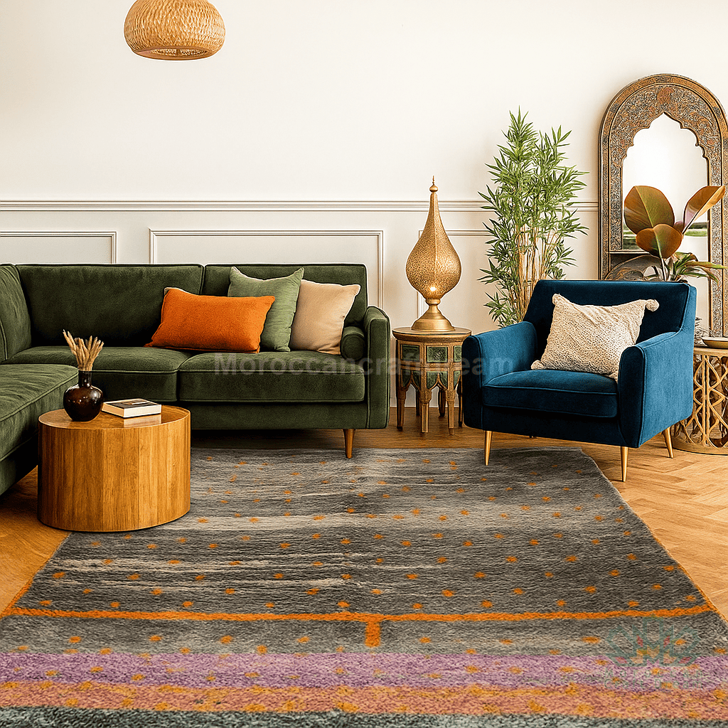 Living room with green sofa, blue armchair, and patterned rug.