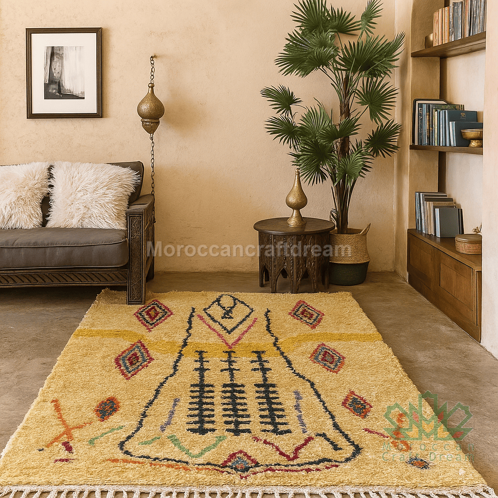 Living room with a decorative rug, sofa, and bookshelf.