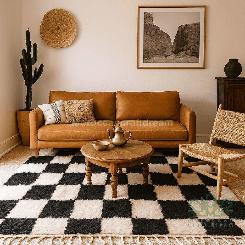 Living room with a brown sofa, wooden coffee table, and decorative items.