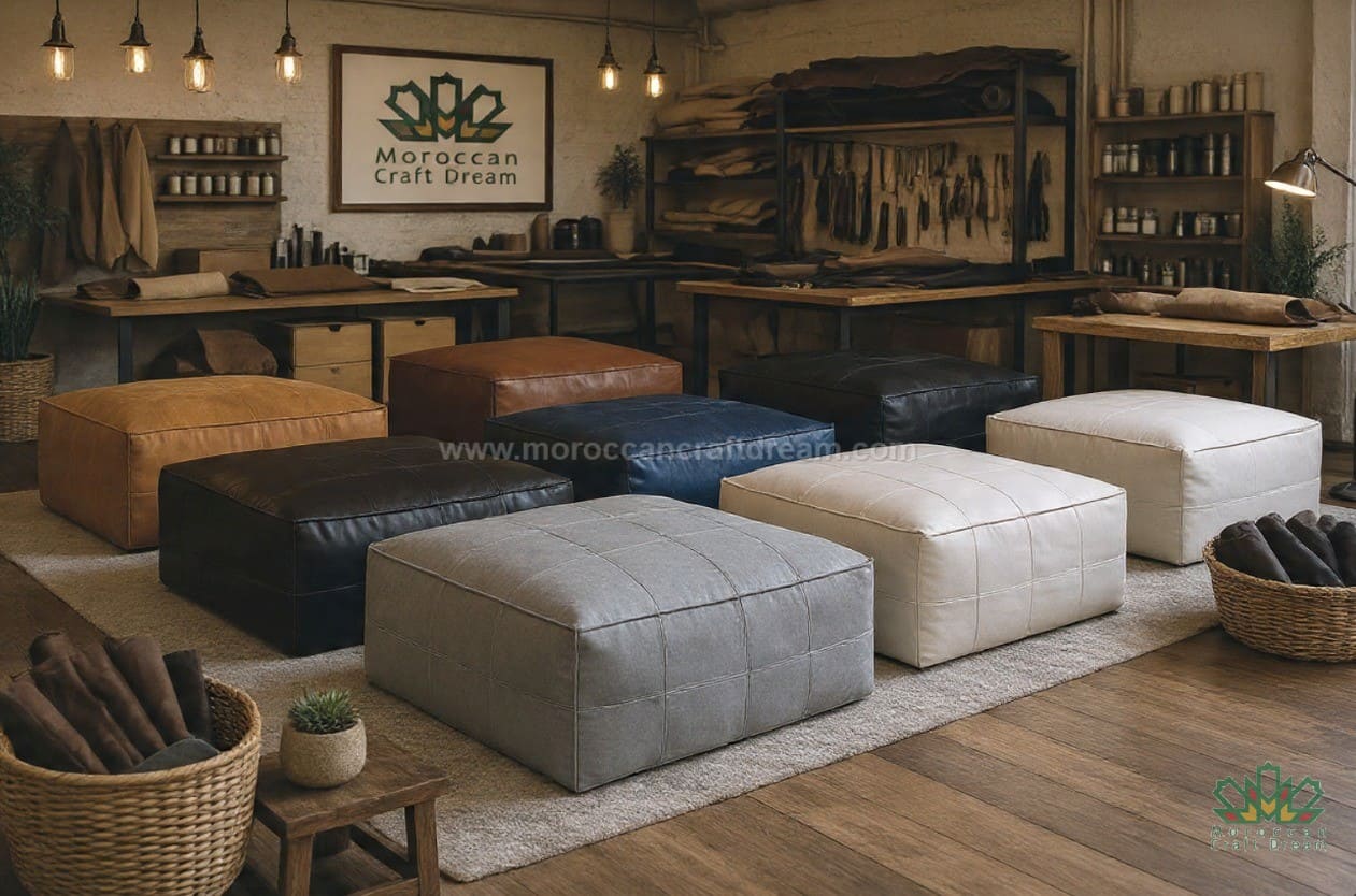 Production Workshop with leather ottomans and a Moroccan Craft Dream sign on the wall.