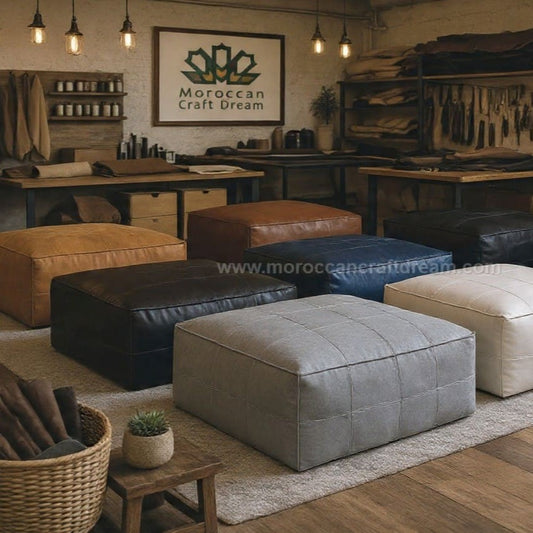 Moroccan Craft Dream store interior with leather ottomans and decor.