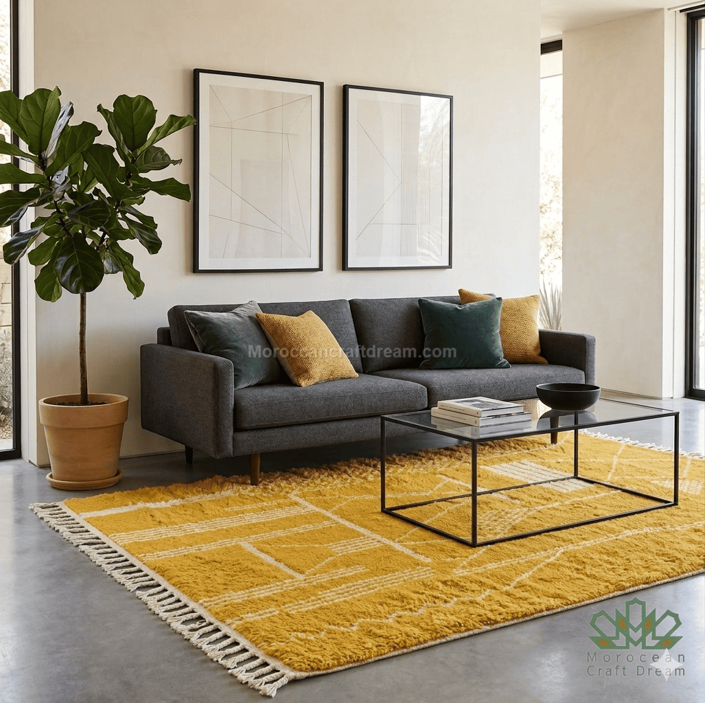 Modern living room with a gray sofa, mustard berber rug, and decorative elements