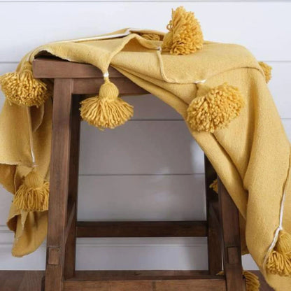 Moroccan Blanket throw Pom Pom, Mustard MB1MU4 100% handmade