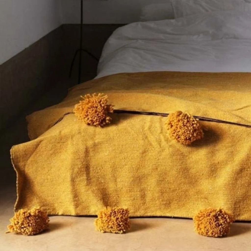 Moroccan Blanket throw Pom Pom, Mustard MB1MU3