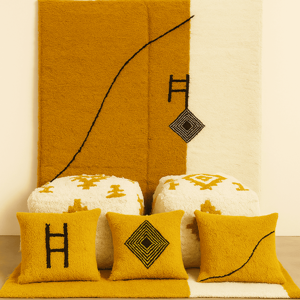 Decorative pillows with geometric patterns on a textured wall and surface.