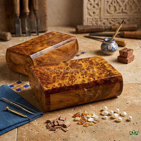 Wooden box with tools and materials on a rustic surface, featuring Moroccan culture theme.