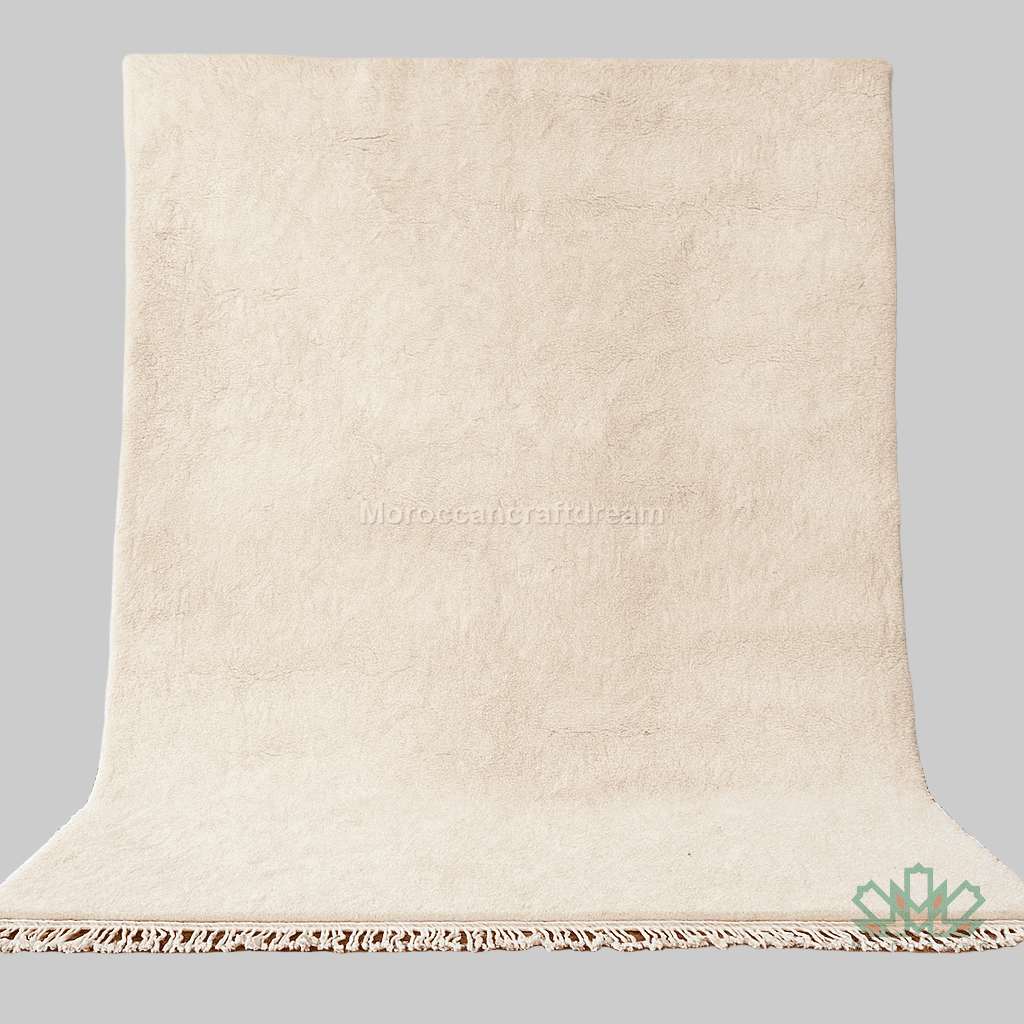 Beige textured rug with tassels on a wooden floor against a white wall.