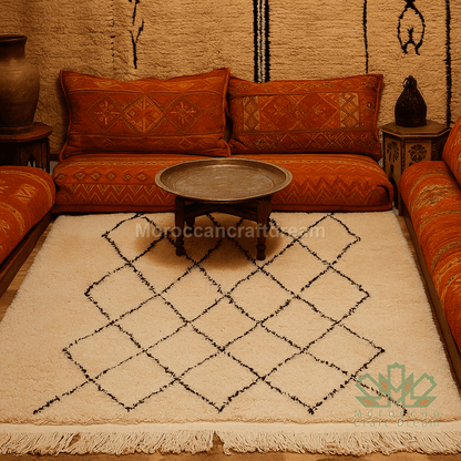 Moroccan-style living room with orange cushions, a coffee table, and a patterned rug.