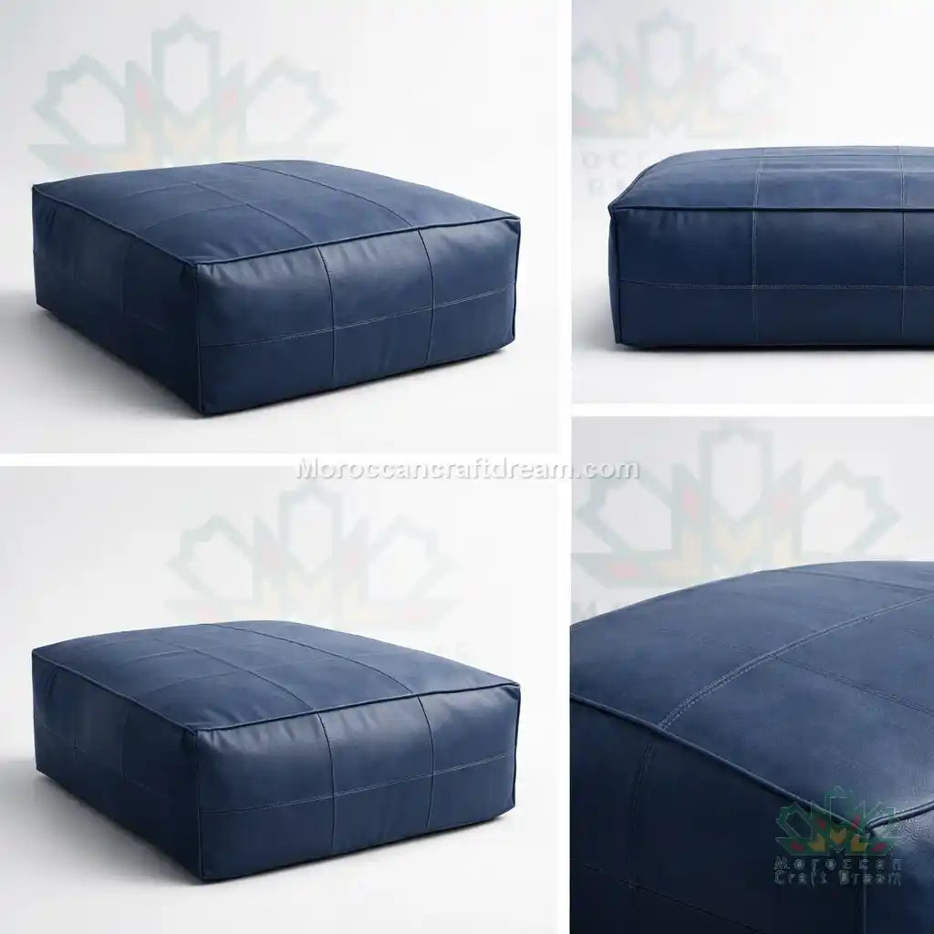 Collage of a navy blue ottoman with visible brand logos on a light background
