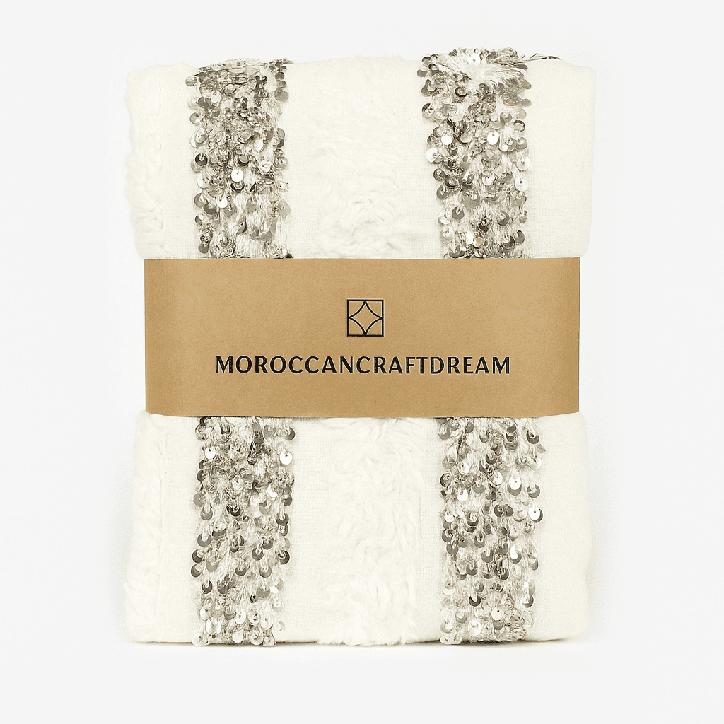 Decorative product with sequin details and a 'Moroccancraftdream' label on a white background