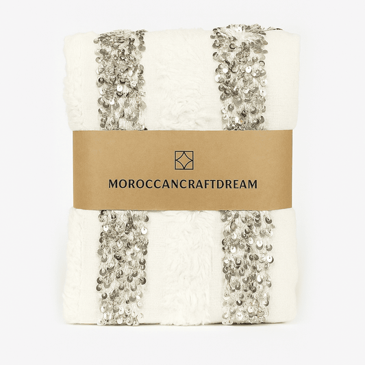 Decorative product with sequin details and a 'Moroccancraftdream' label on a white background
