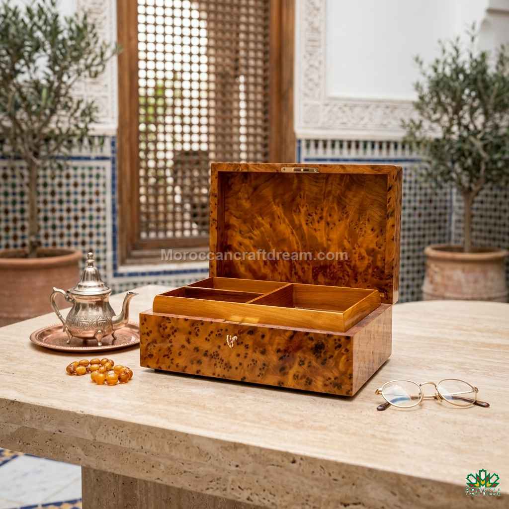Wooden jewelry box on a table with decorative items in a Moroccan-style setting.