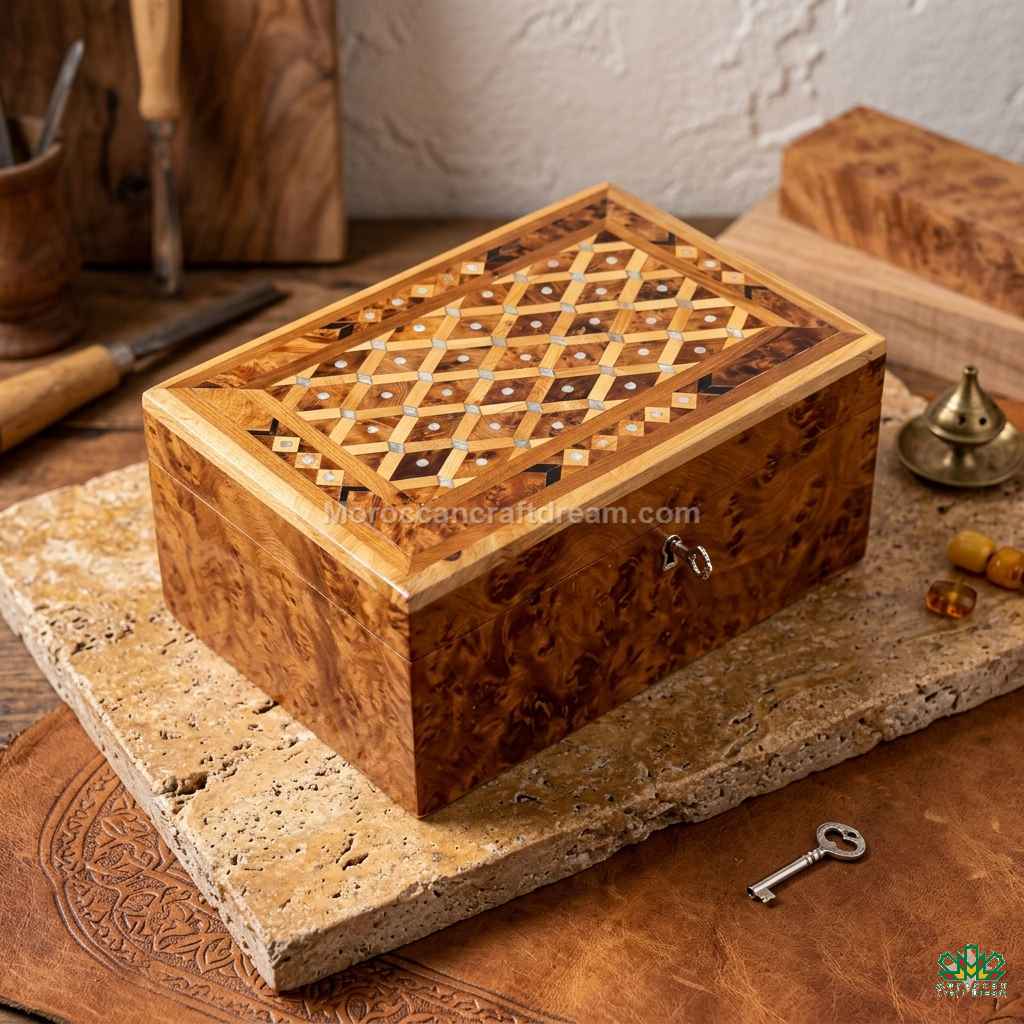 Wooden inlaid box on a textured surface with a rustic background