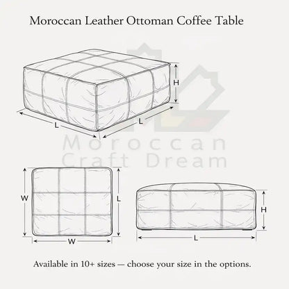 Line drawing of a Moroccan leather ottoman coffee table with dimensions labeled.