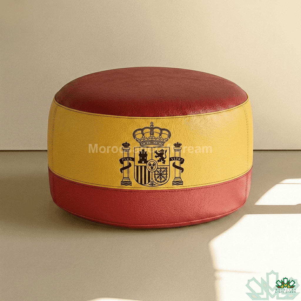 Round ottoman with Spanish flag design on a neutral background