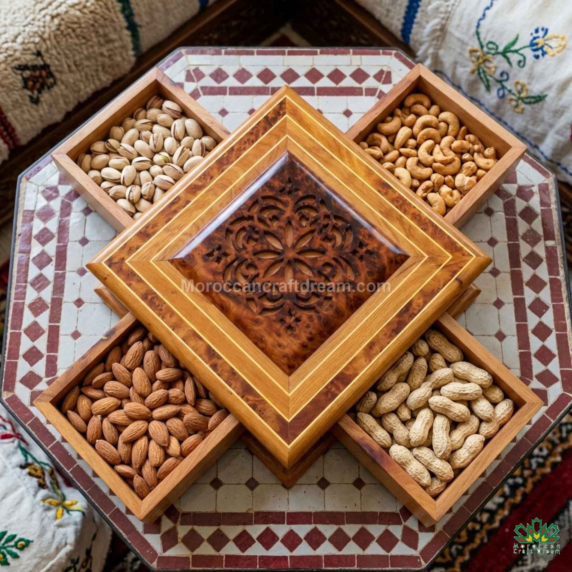 Organic modern home accessory: Polished Thuya wood box in a bright Riad setting.