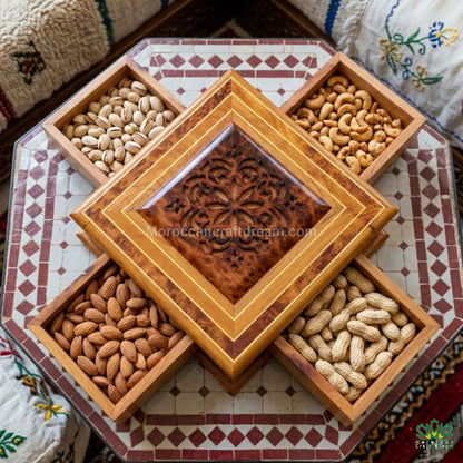 Organic modern home accessory: Polished Thuya wood box in a bright Riad setting.