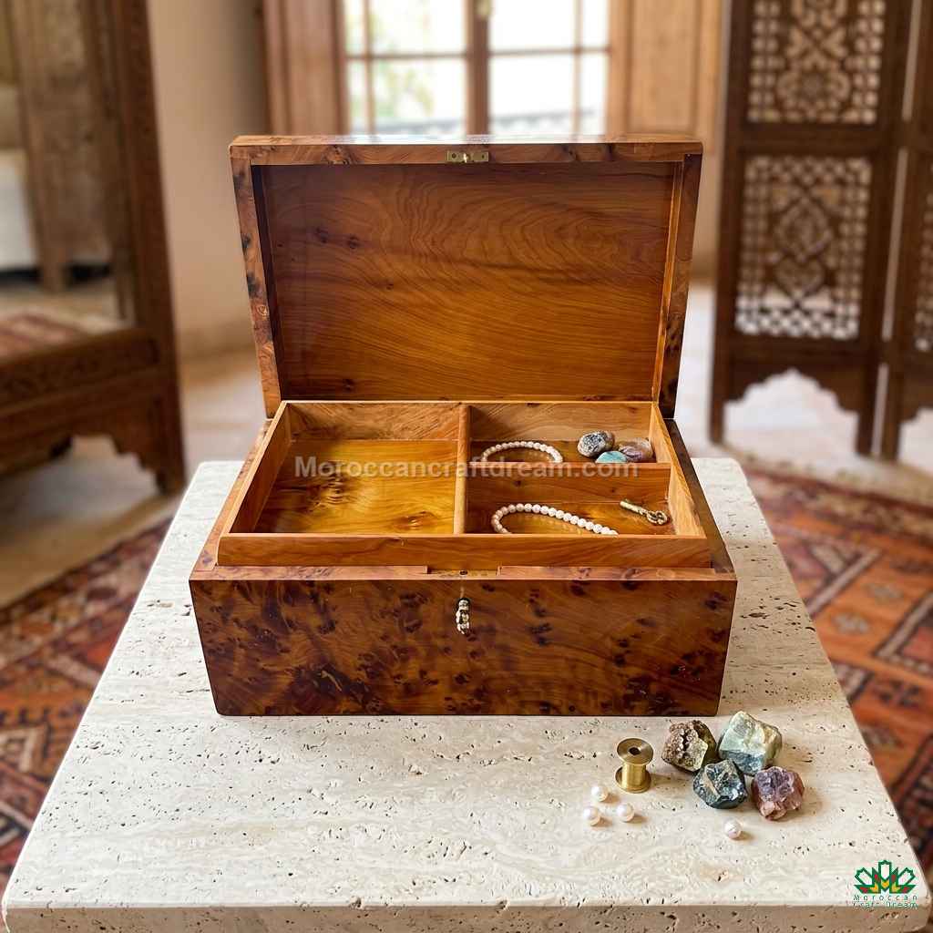 Small Moroccan artisan box in Thuya wood, ideal for jewelry or watches.