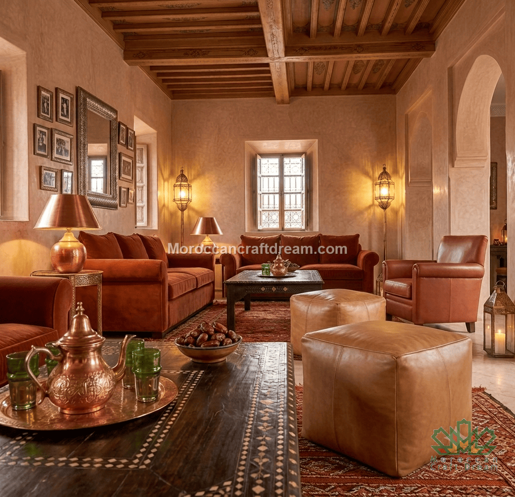 A Moroccan-style living room featuring terracotta leather sofas, tan leather ottomans, a dark wood coffee table, and warm ambient lighting from wall lamps and table lamps.