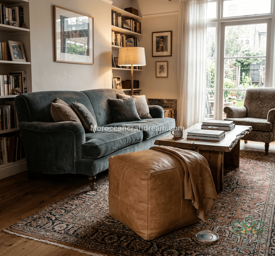 A styled living room interior featuring a dark teal velvet sofa, a tan leather ottoman, a rustic wooden coffee table, and a patterned area rug, with bookshelves and a window in the background.