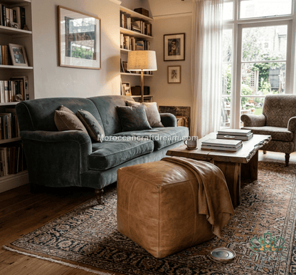 A styled living room interior featuring a dark teal velvet sofa, a tan leather ottoman, a rustic wooden coffee table, and a patterned area rug, with bookshelves and a window in the background.