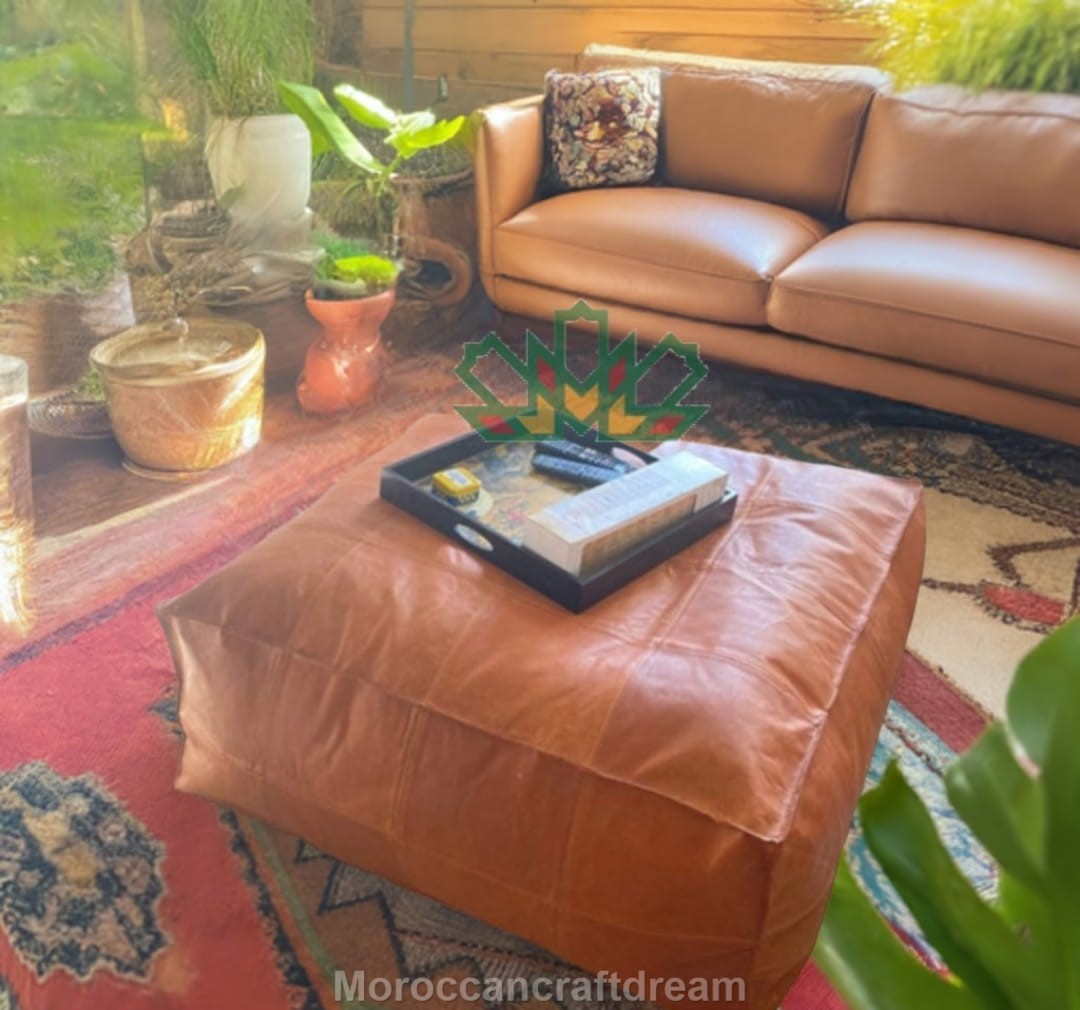 tan large square rectangular leather ottoman coffee table 100% Handmade bohemian decor boho furniture