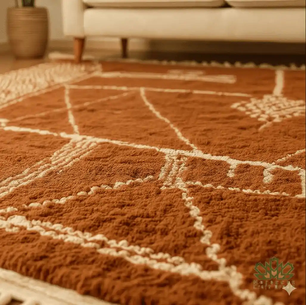 Close-up of a brown patterned rug with a blurred background