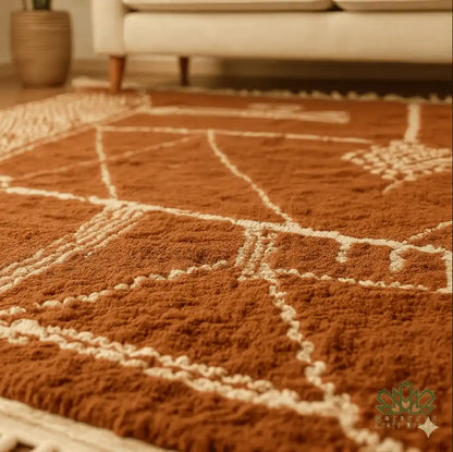 Close-up of a brown patterned rug with a blurred background