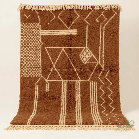 Terracotta Brown and beige patterned rug with tassels on a white background