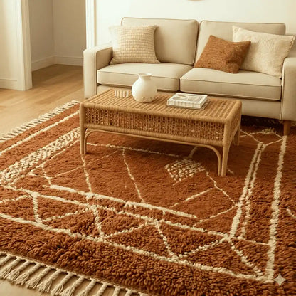 Living room with a brown patterned rug, beige sofa, and wicker coffee table.