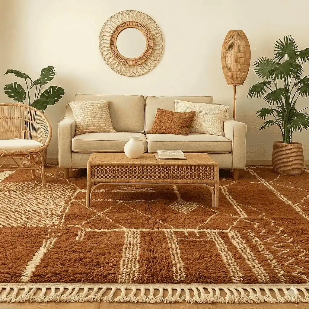 Living room with beige sofa, wicker chair, and decorative lamp on a patterned terracotta berber rug.