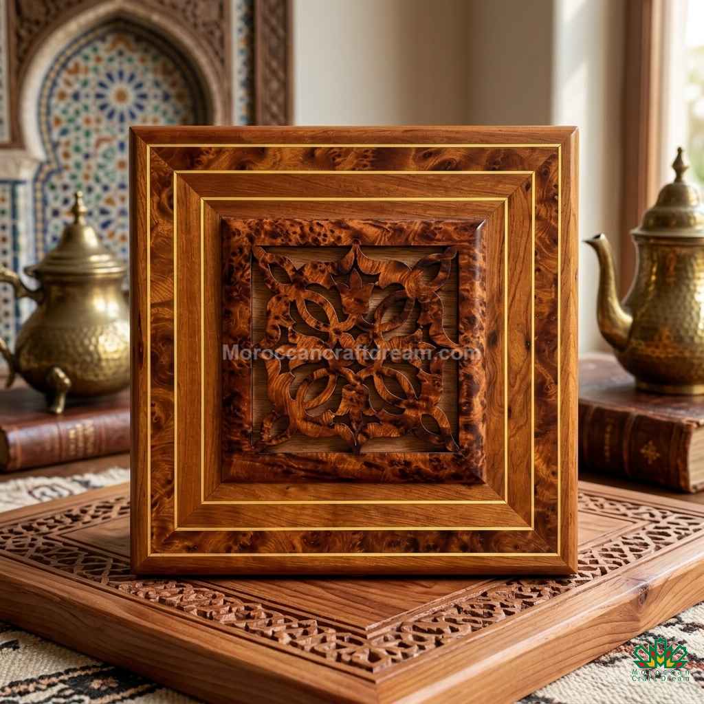 Carved wooden panel with intricate patterns on a decorative surface.