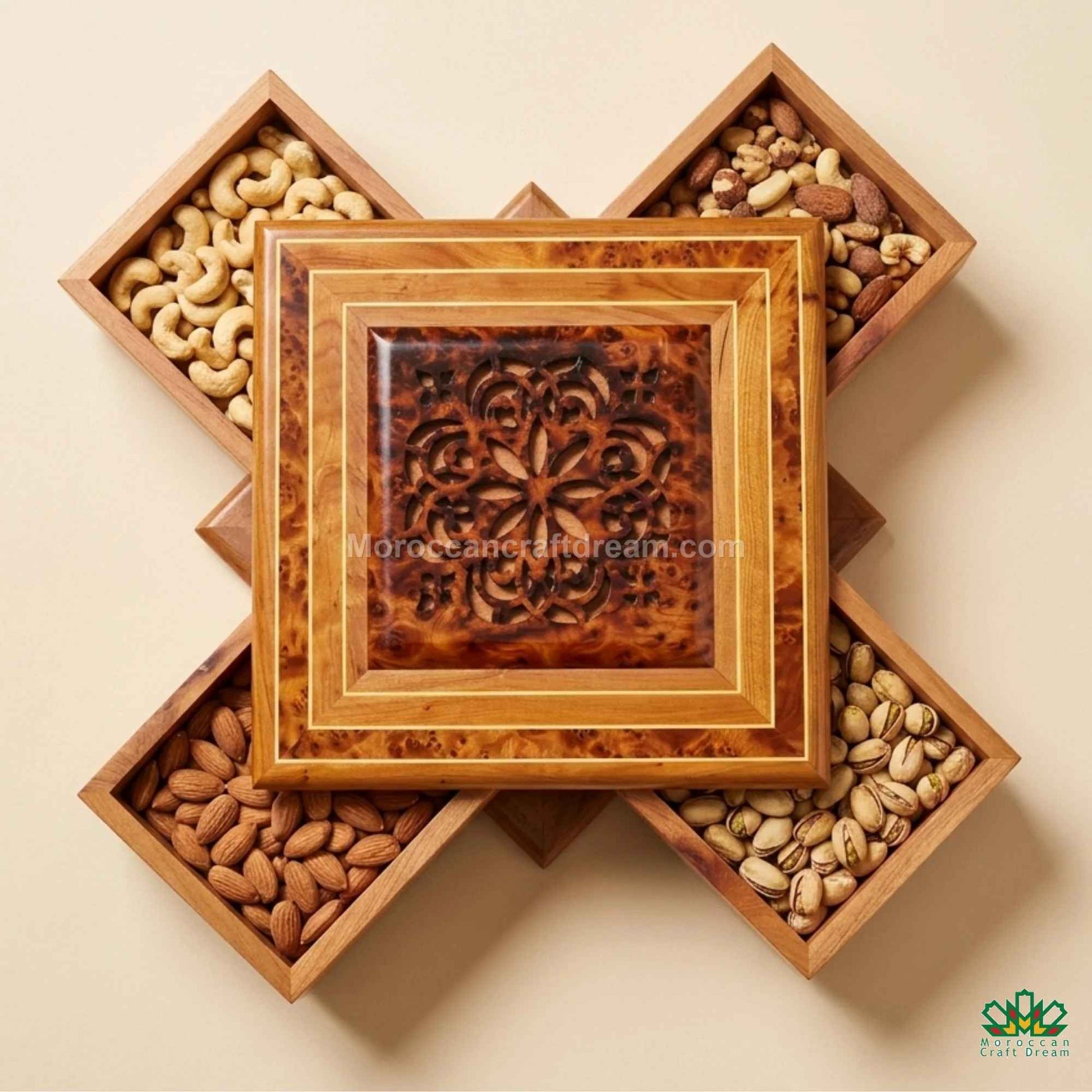 Aromatic Thuya wood box placed on a luxury marble surface for a product shoot.