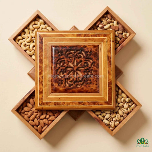 Aromatic Thuya wood box placed on a luxury marble surface for a product shoot.