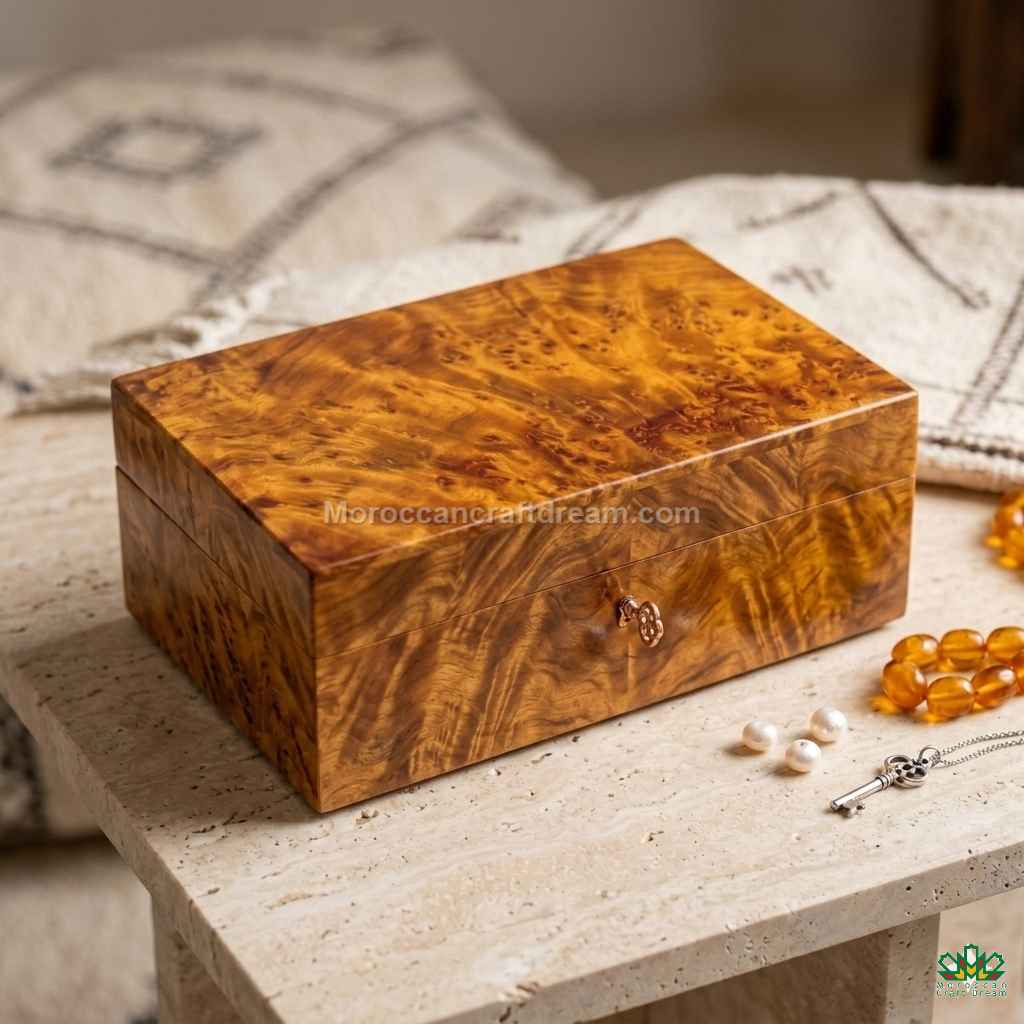 Wooden jewelry box on a stone surface with pearls and an amber necklace.