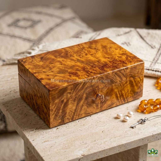 Wooden jewelry box on a stone surface with pearls and an amber necklace.