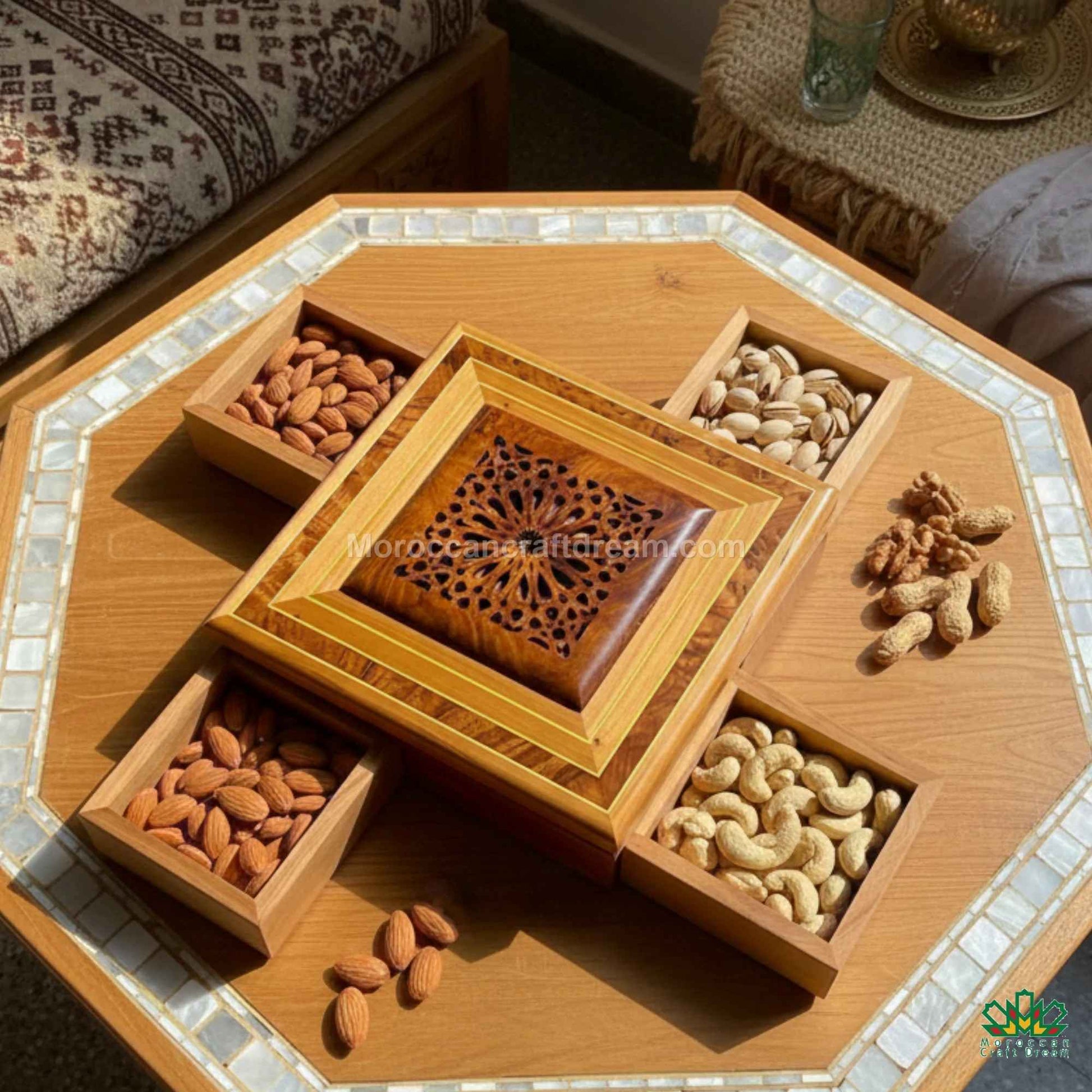 Handcrafted Thuya wood box styled with traditional Moroccan brass accessories.