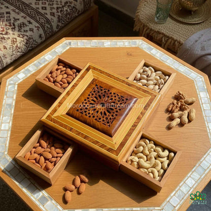 Handcrafted Thuya wood box styled with traditional Moroccan brass accessories.