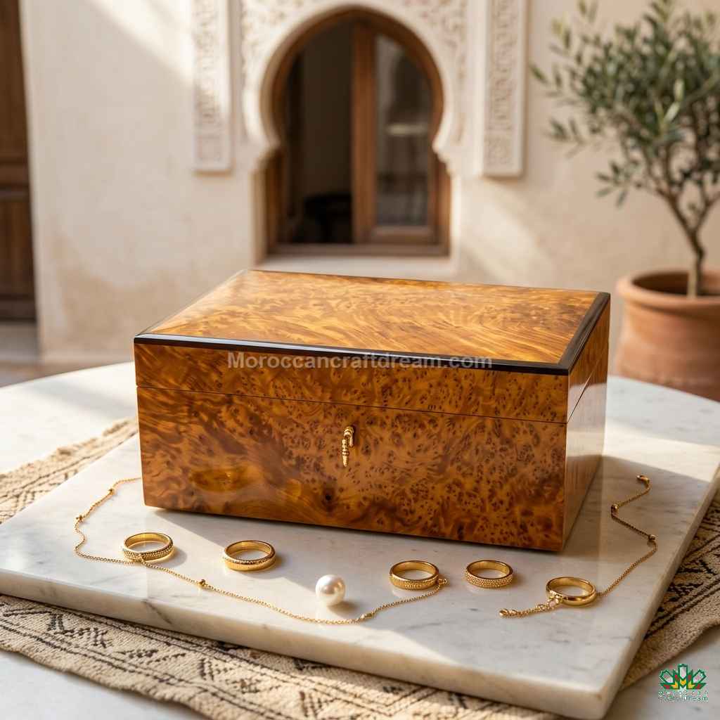Wooden jewelry box on a marble surface with gold rings and necklaces, set against a warm-toned architectural background.