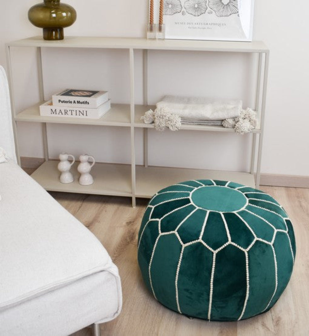 green handcrafted velvet moroccan pouf ideal for modern and bohemian decor