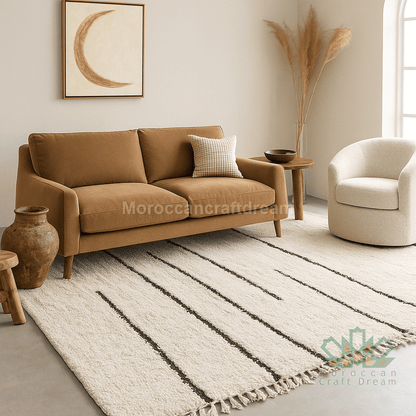 Living room with a brown sofa, beige armchair, and a striped rug.